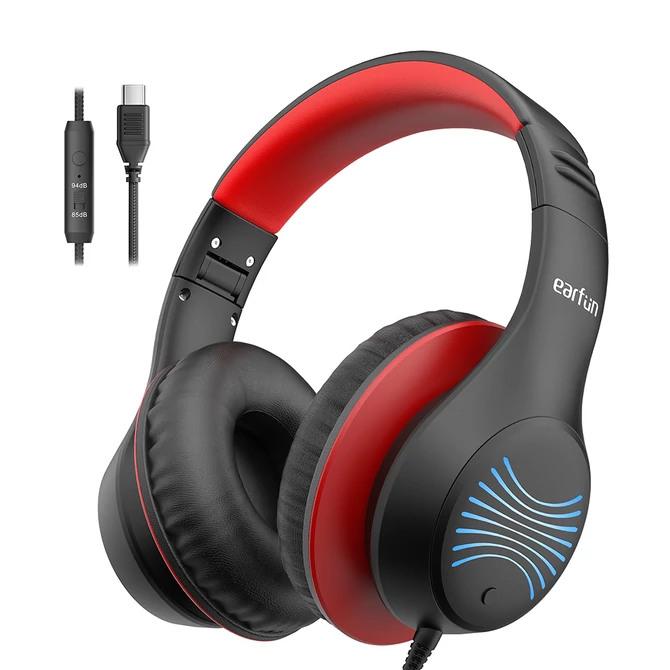 Kép 4/4 - Earfun K3 vezetékes gyerek fejhallgató, hangerőkorlátozás, LED világítással - USB-C - Fekete (K3CD-B)
