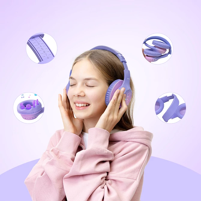 Kép 6/6 - EarFun K4 vezeték nélküli gyerek fejhallgató, hangerőkorlátozás, LED világítás, 90 óra üzemidő, lila (K4)